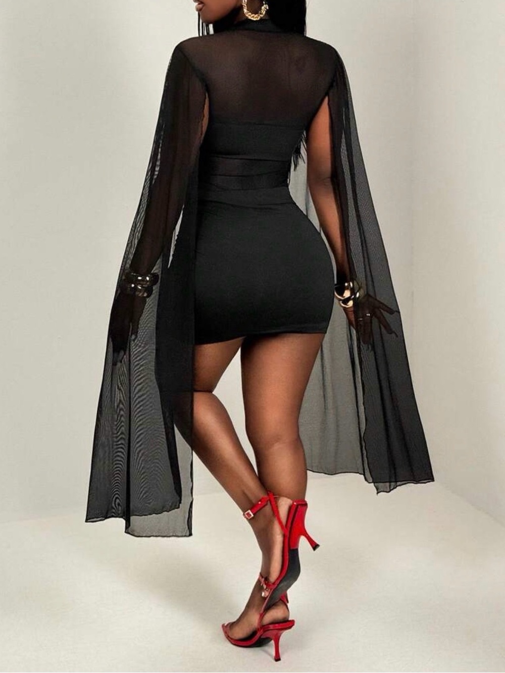 Sheer Black Draped Cape Mini Dress - Picture 3 of 5